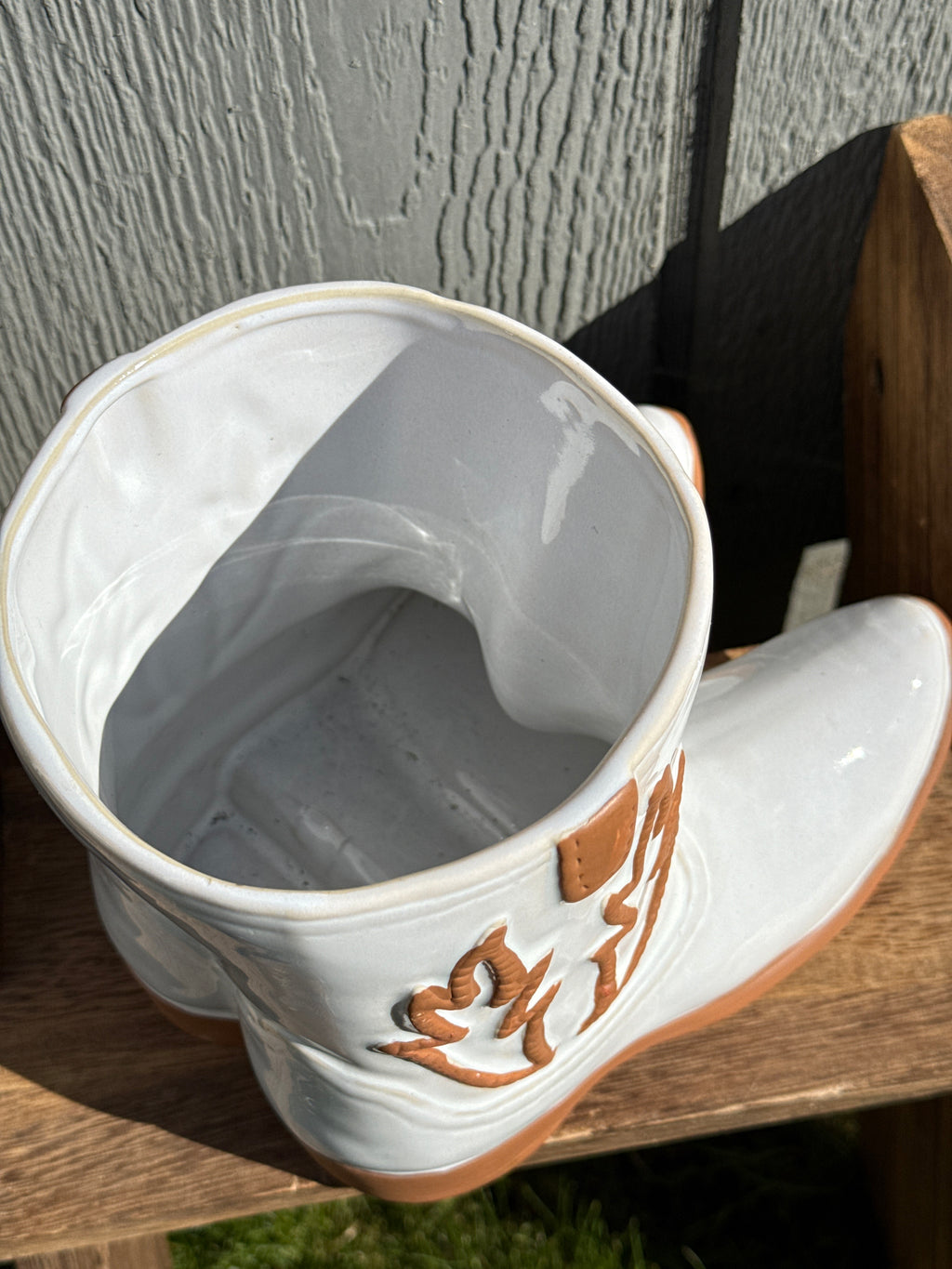 White cowboy boots ceramic planter