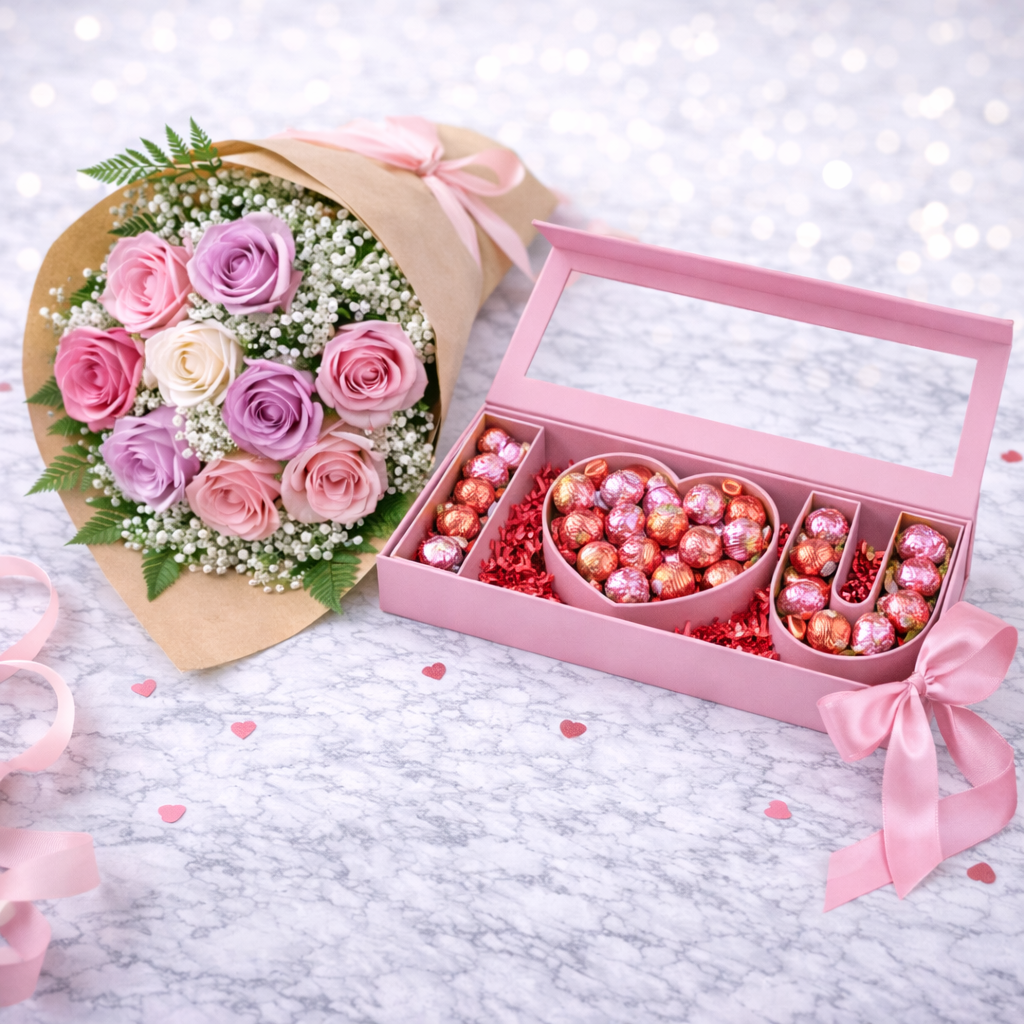 Rose Bouquet + LOVE Chocolate Box (Pink)