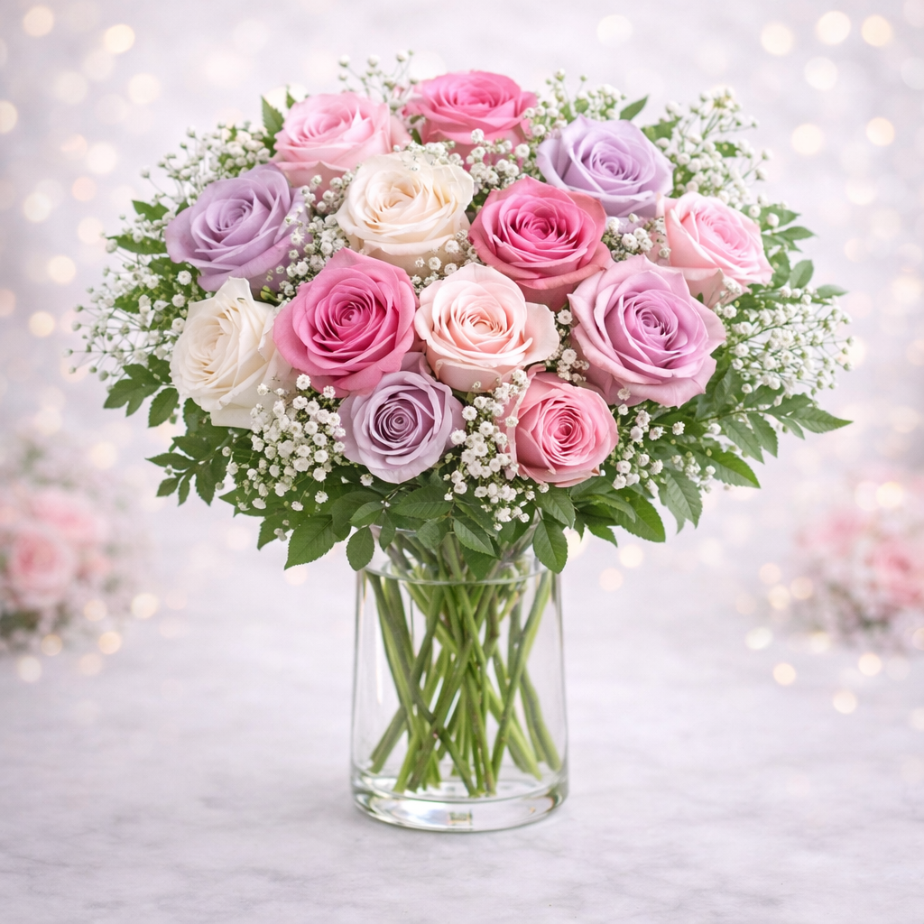Mixed Rose Bouquet in Glass Vase (Pastel Pink Mix)