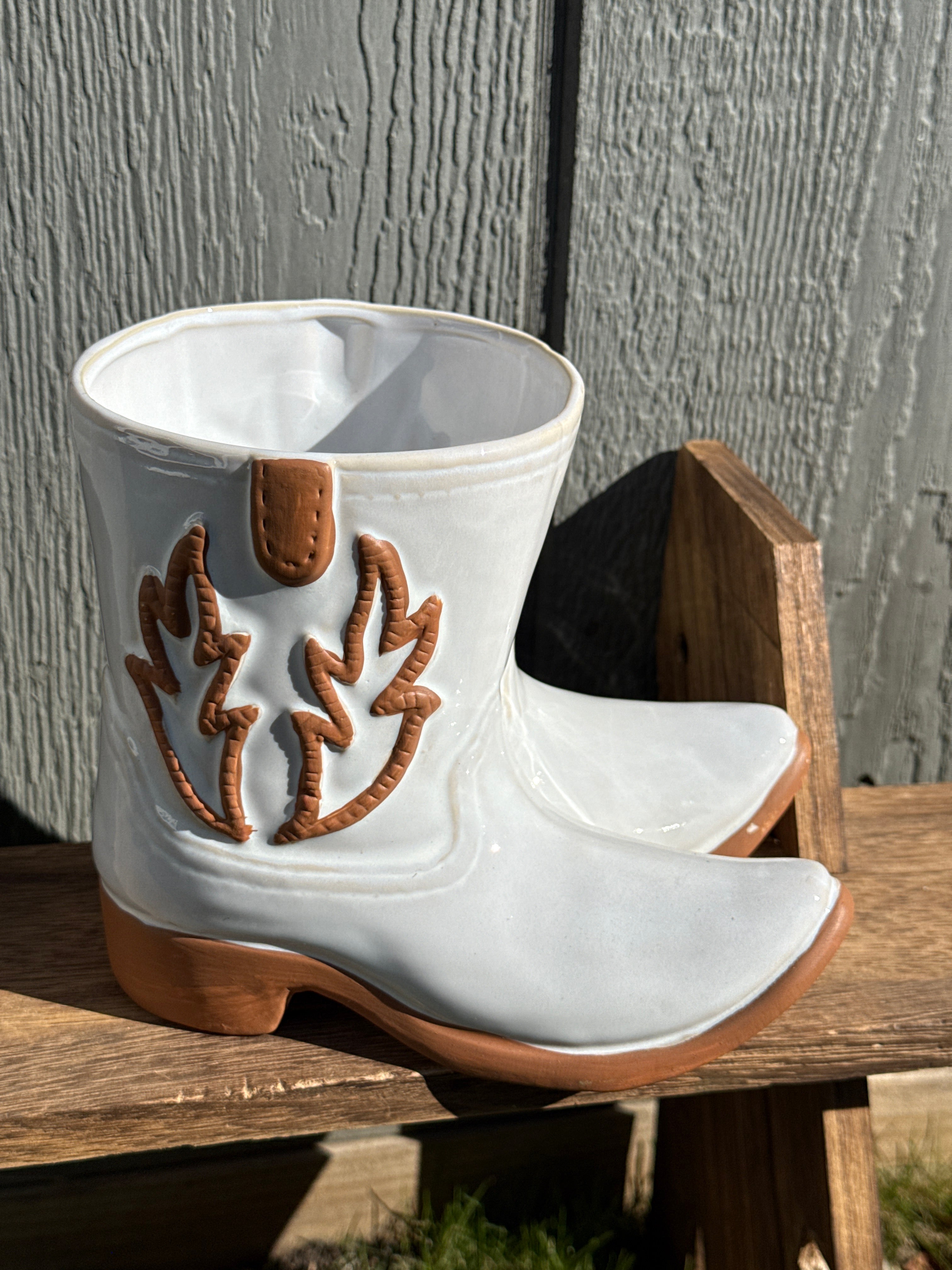 White cowboy boots ceramic planter