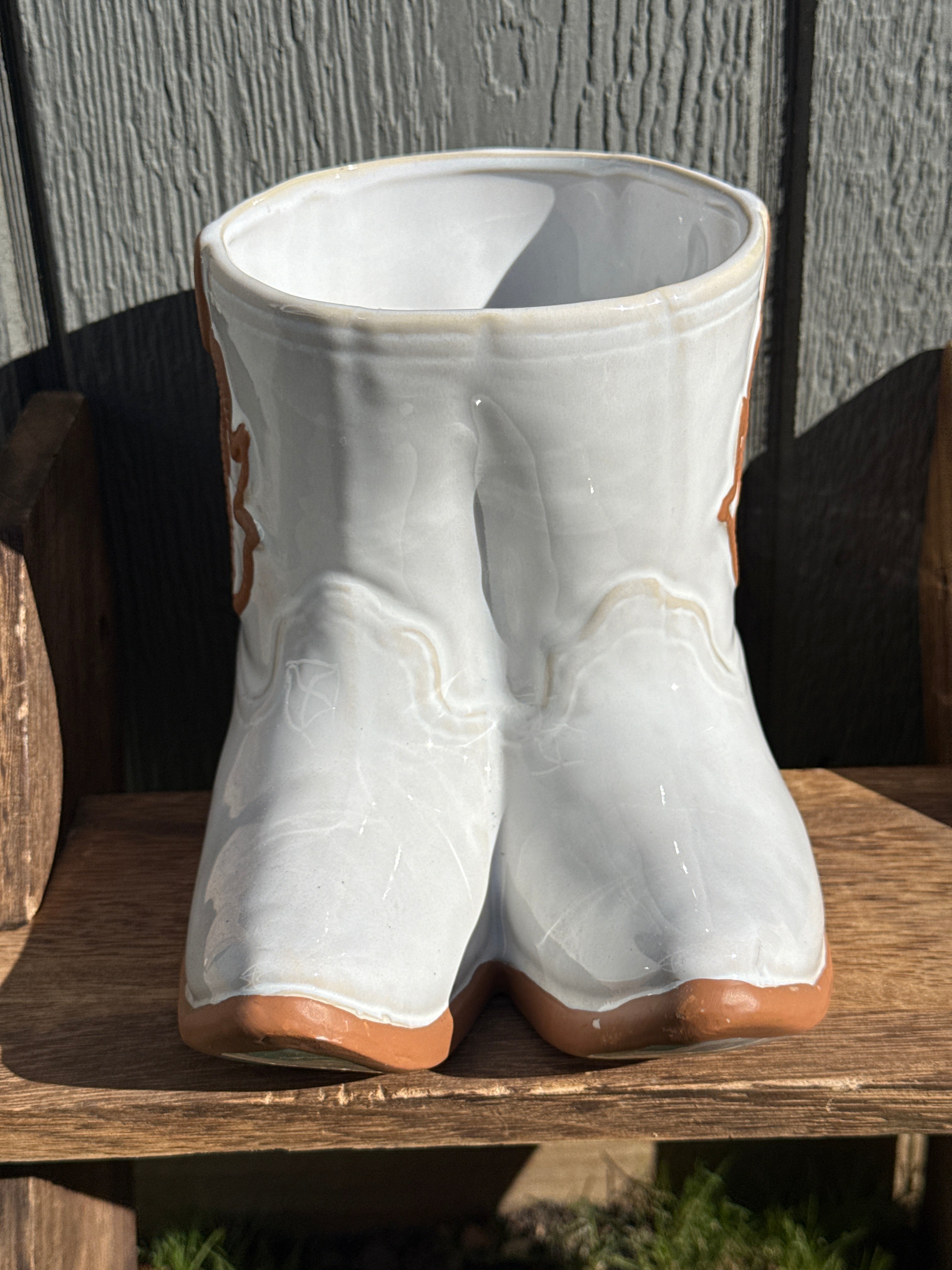 White cowboy boots ceramic planter