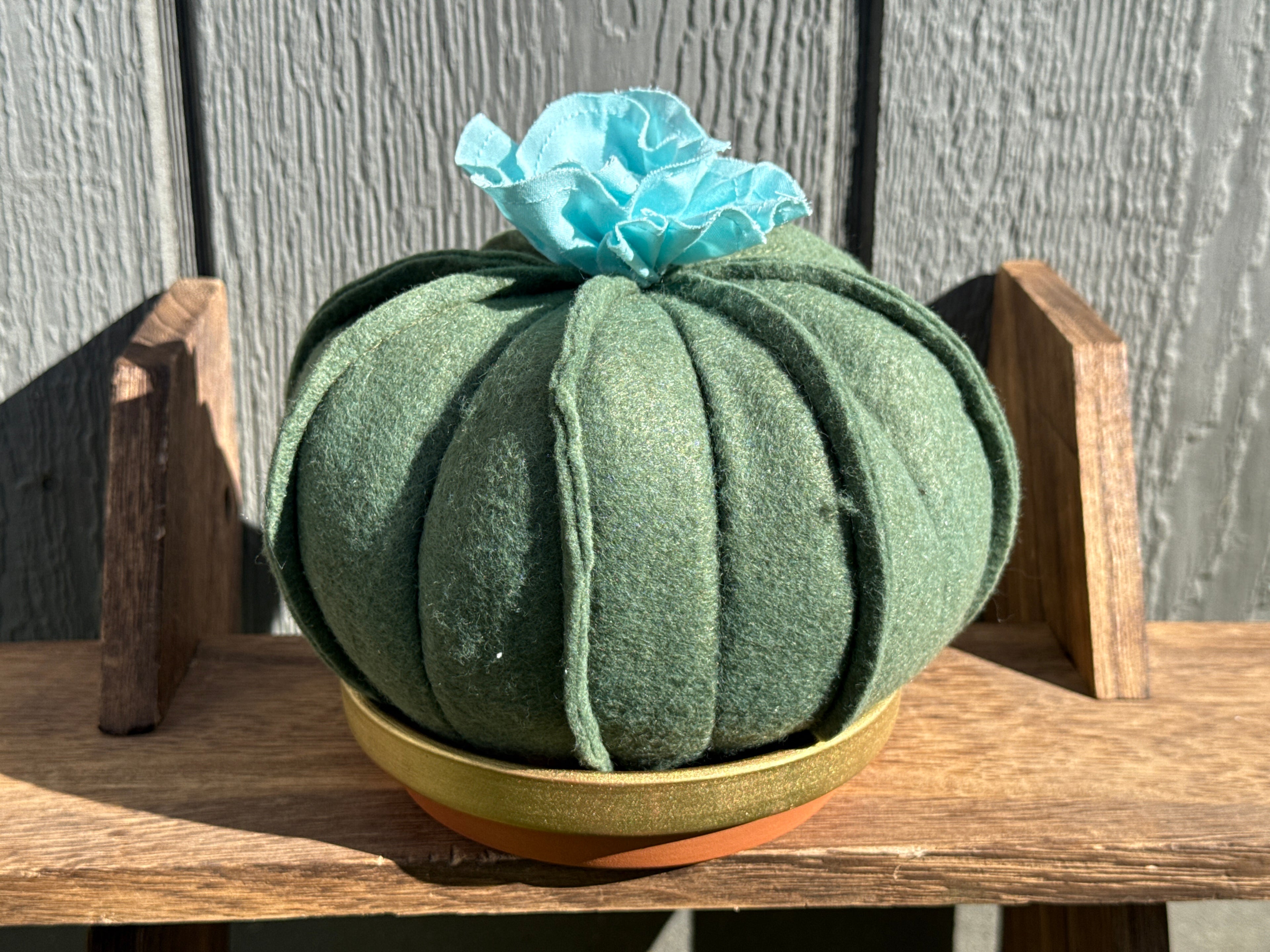 Wool Felted Cactus in a Terra Cotta Dish- Blue