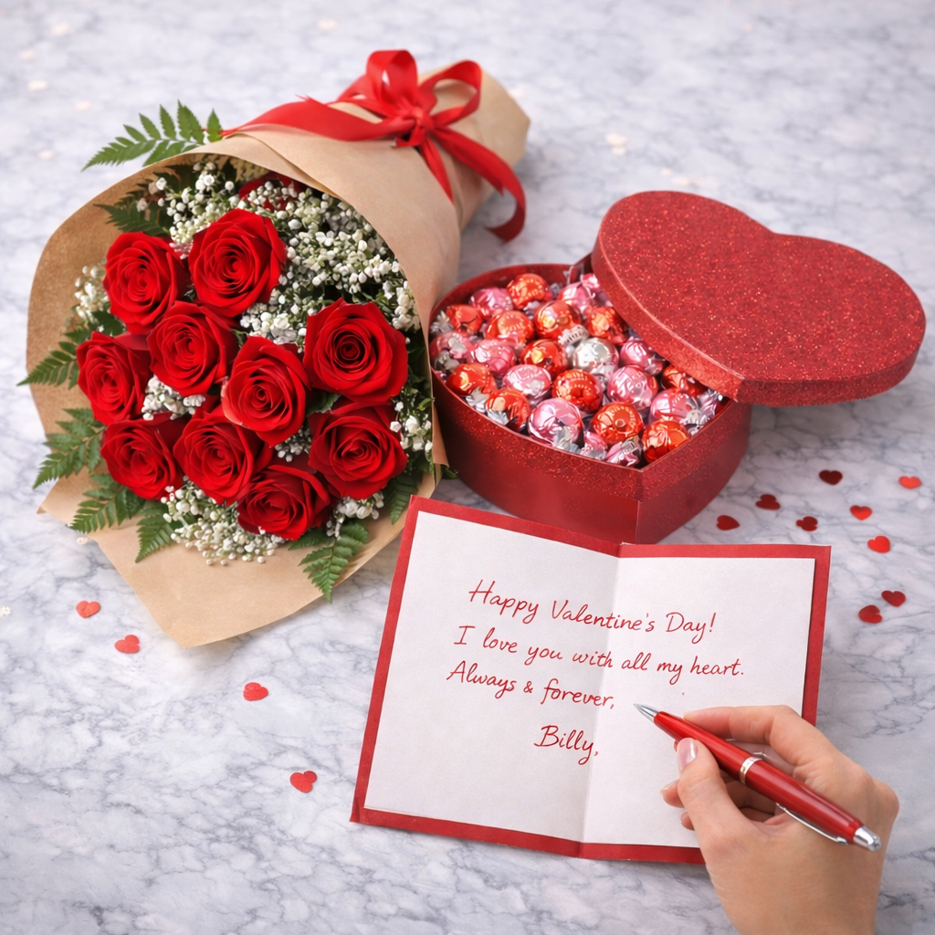 Rose Bouquet + Heart Chocolate Gift Set (Red)