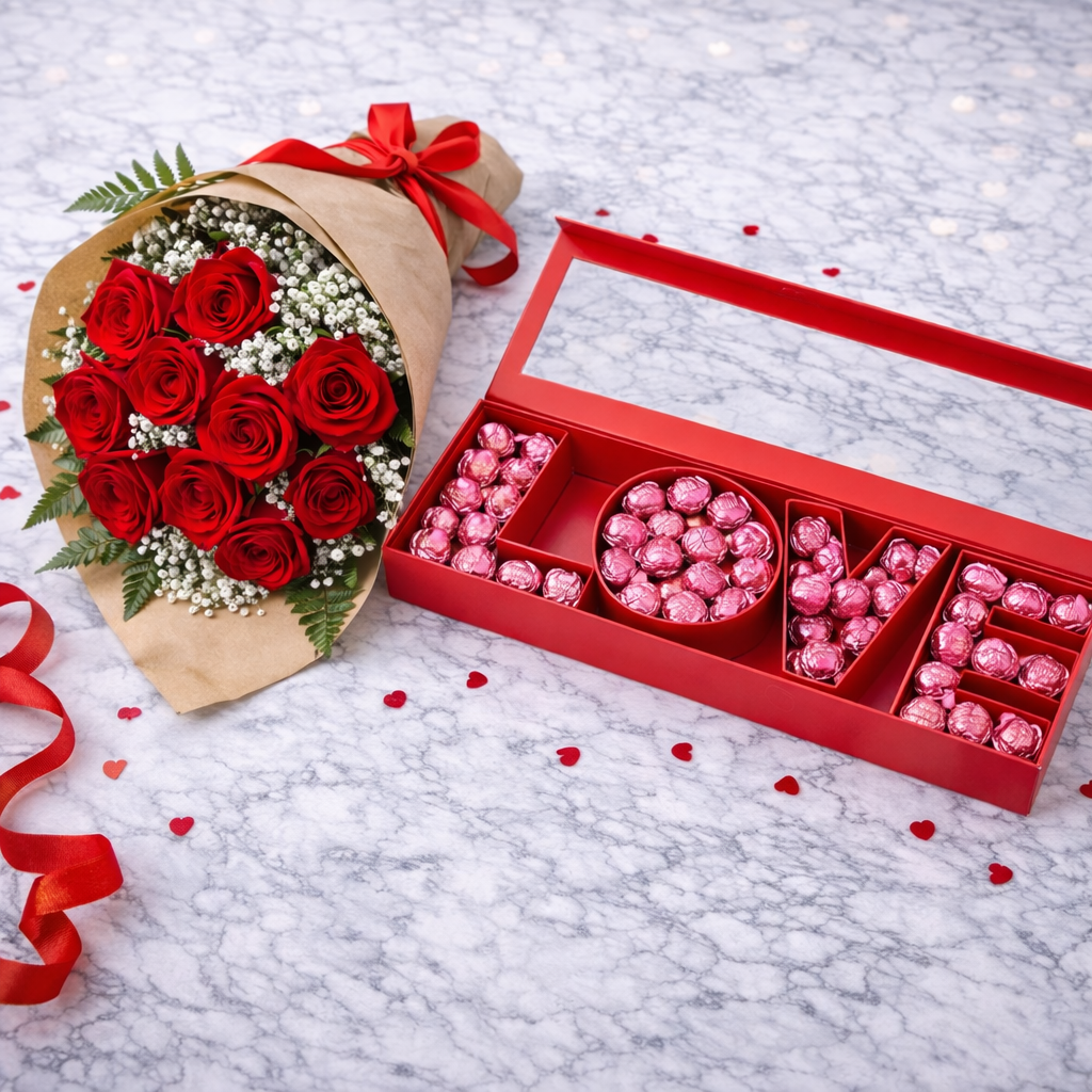 Rose Bouquet + LOVE Chocolate Box (Red)