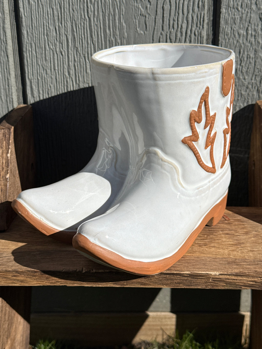 White cowboy boots ceramic planter